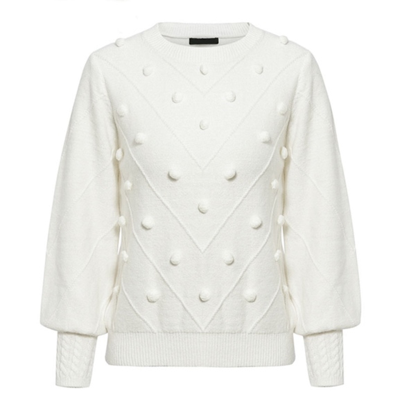 White Pom Pom Bishop Sleeve Pullover Sweater - Picture 5 of 8